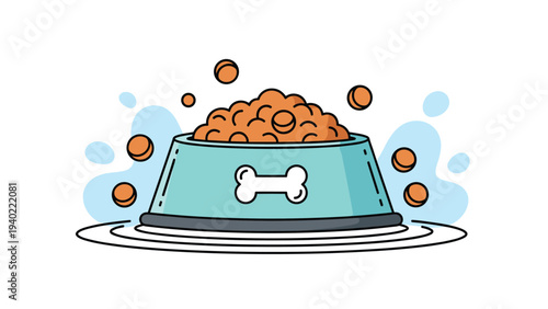 Turquoise pet food bowl filled with crunchy kibble is surrounded by floating pieces of food and water splash effects in a playful style.