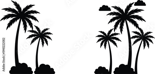 Palm tree silhouette icons, tropical landscape, coastal scenery, beach design, summer illustration, exotic nature graphic, outdoor environment concept