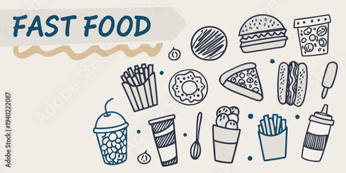Doodle illustration of various fast food items arranged on a beige background