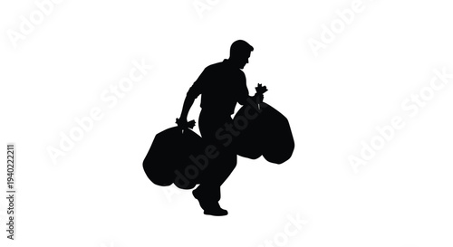 Man carrying large bags depicted in striking black silhouette