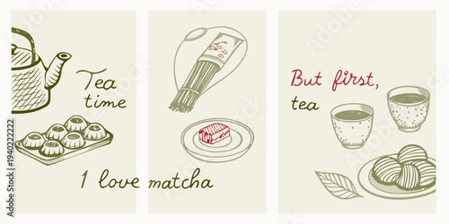 Charming hand drawn illustrations of tea matcha and delicate pastries