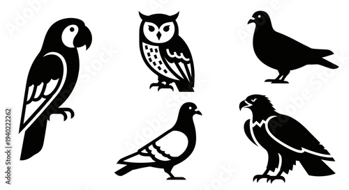 Collection of Bird Silhouettes: Parrot, Owl, Pigeons, and Eagle Icons