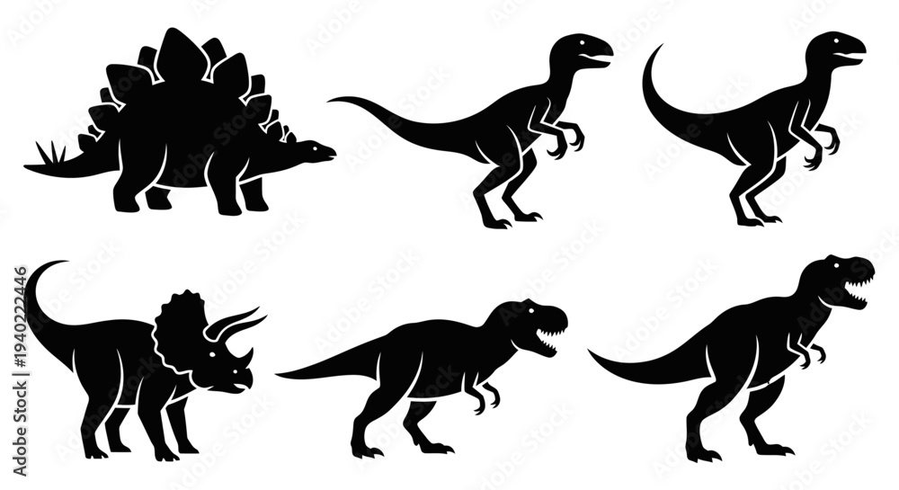Fototapeta premium Dinosaur Silhouettes Collection: Prehistoric Animal Icons Set for Design