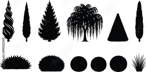 Tree and shrub silhouette icons, diverse plant shapes, botanical illustration, landscape design, ecology concept, outdoor nature scenery graphic