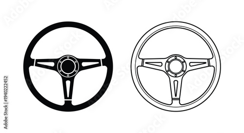 Two vintage steering wheels displayed in black and white silhouette