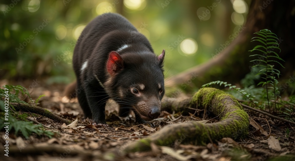 Fototapeta premium Rare Black Lemur Exploring Dense Tropical Forest Floor in Madagascar