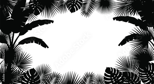 Tropical palm leaves create a decorative border stark black silhouette