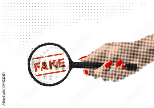 Trendy Halftone Collage Fake news concept. Spreading false information. Social media propaganda or disinformation. Hand holding magnifier glass. Contemporary vector illustration art	