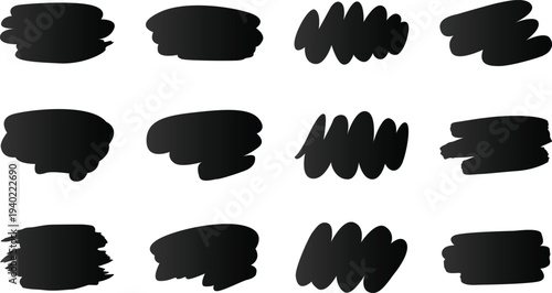 Black brush stroke shapes set abstract paint swash scribble ink smear grunge brushstroke vector elements hand drawn strokes design overlays banners textures graphics