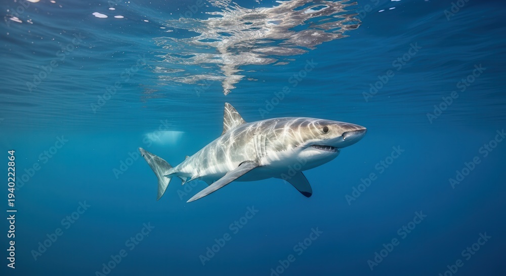 Fototapeta premium Underwater Image of a Shark Swimming Through the Ocean in Clear Blue Water
