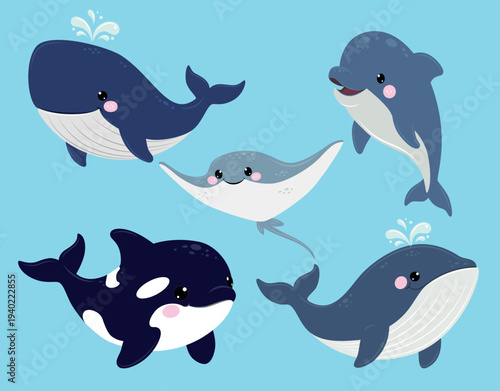 Cute cartoon sea animals set with whale dolphin orca and stingray