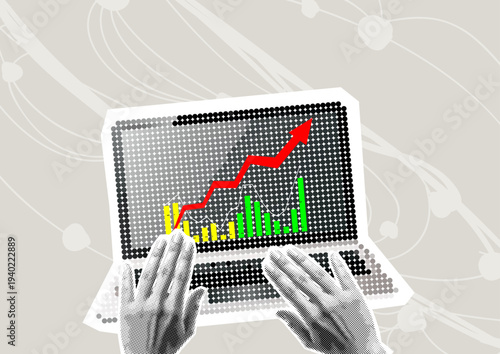 Data analytics concept. Halftone hand draws sales graph. Modern collage design. Pop art. Growth chart. Successful business performance. Business data graph on screen laptop. Achieving high results	