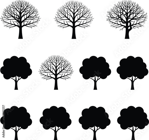 Tree silhouette icons, pattern recognition puzzle, botanical illustration, forest design, ecology concept, outdoor nature scenery, educational graphic
