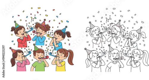 Happy children celebrating birthday party with confetti and blowers, colored vector illustration and black and white coloring page outline
