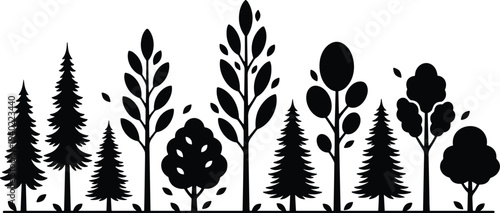 Tree silhouette icons, forest biodiversity, coniferous and deciduous canopy, botanical illustration, ecology concept, outdoor nature scenery design