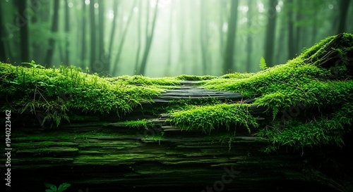 Moss covered wooden steps in a misty forest with sunlight filtering through trees