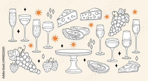 Gourmet Wine and Cheese Appetizer Collection, Champagne Glasses with Grapes and Strawberries, Oyster Platter, cad drawing flat vector illustration, Luxury, Party