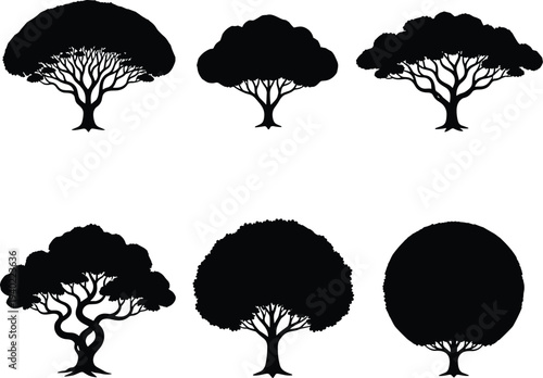 Tree silhouette icons, stylized canopy diversity, botanical illustration, forest design, ecology concept, outdoor nature scenery, artistic morphology