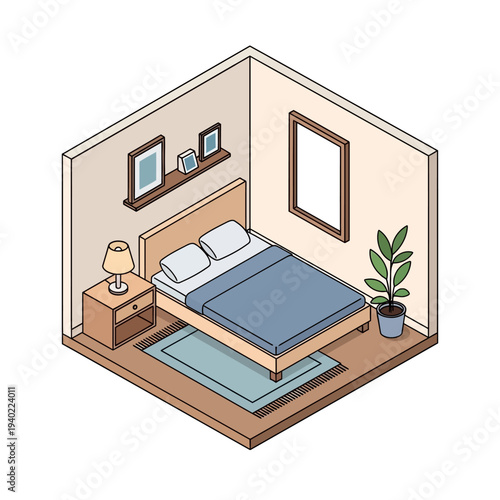 Isometric illustration of a serene bedroom with bed and nightstand.