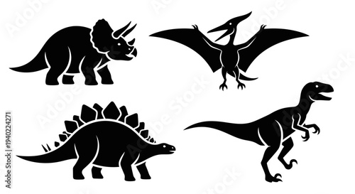 Dinosaur Silhouettes Set: Triceratops, Pterodactyl, Stegosaurus, Velociraptor Vector Icons