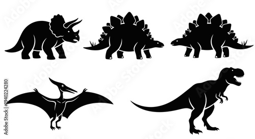 Dinosaur Silhouettes Set: T-Rex, Triceratops, Stegosaurus, and Pterodactyl Icons