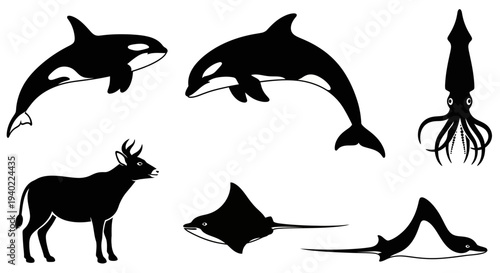 Diverse Animal Silhouettes Collection: Orca, Squid, Deer, and Manta Ray