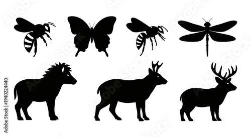 Diverse animal silhouettes including insects and wild mammals collection
