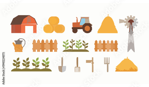 Agriculture farm icons set with barn tractor hay windmill and rural village elements vector