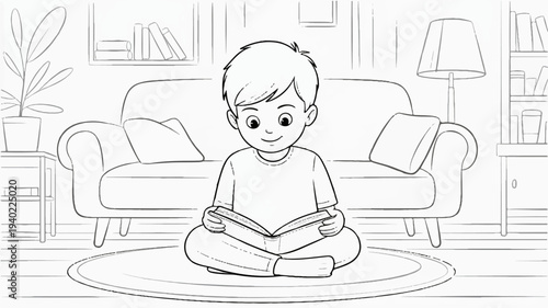 A young boy sits cross legged on a rug reading a book in a cozy living room with a sofa and lamp