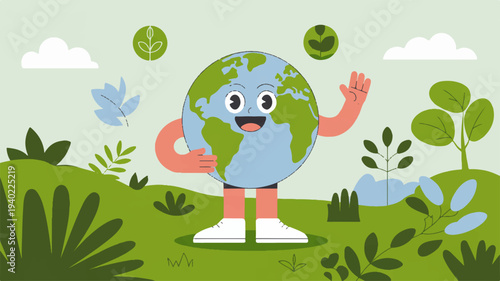 Cheerful earth mascot waving with plants and leaves in a green landscape for nature conservation