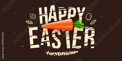Happy Easter greeting with a cheerful 3D carrot. This festive design is perfect for holiday celebrations. Vector illustration.