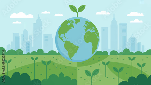 Eco friendly cityscape with green earth and sprouting plants symbolizing sustainable urban planning and environmental conservation