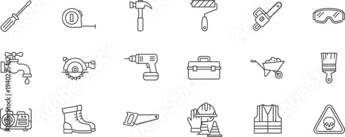 Minimal Construction and Industrial Tools Line Icons Set with Hammer, Drill and Safety Equipment