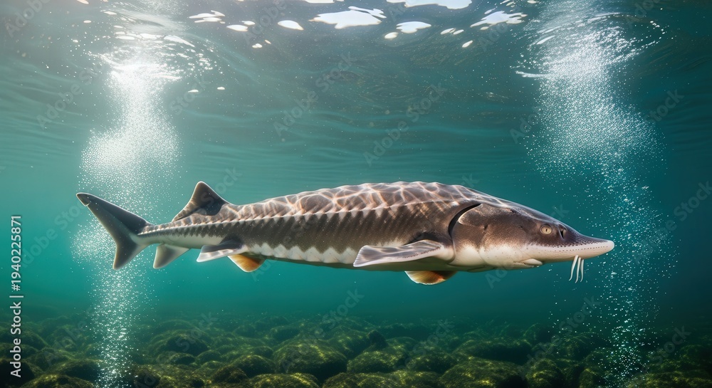 Fototapeta premium Underwater Scene Featuring a Large Sturgeon Fish Swimming in Clear Blue Water