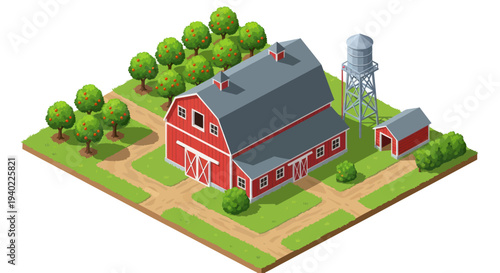 Isometric Farm with Red Barn and Water Tower.