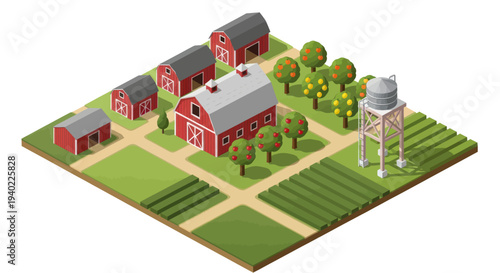 Isometric Farm with Red Barns and Green Fields.