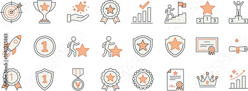 Modern Award and Success Outline Icons Featuring Trophy, Certificate and Champion Symbols