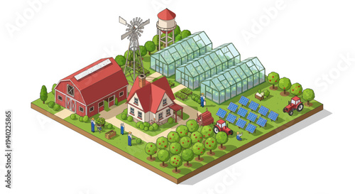 Isometric Farm with Greenhouses, Barn, House, and Solar Panels.