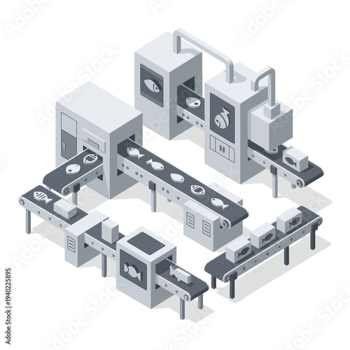 Isometric Fish Processing Plant with Automated Conveyor System.