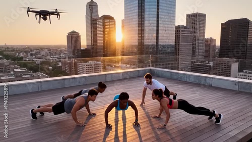 Group of people doing push-ups on a rooftop with a drone.
