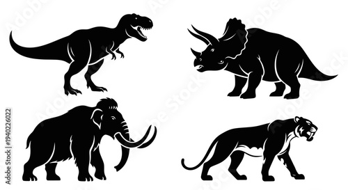 Extinct Prehistoric Animals Silhouettes Set: Dinosaur and Ice Age Mammals