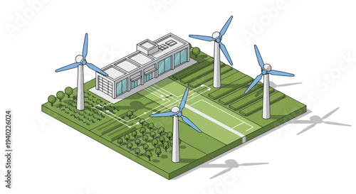 Isometric Green Energy Power Plant with Wind Turbines.