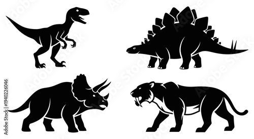 Extinct Prehistoric Animals Silhouettes Set: Dinosaurs and Saber-toothed Tiger