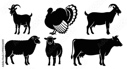 Farm animal silhouettes collection: goat, turkey, sheep, and cow livestock icons