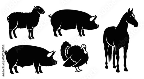 Farm Animals Silhouettes Collection: Sheep, Pigs, Turkey, and Horse Icons