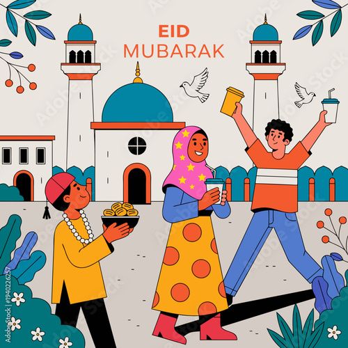 Vibrant Illustration of a Diverse Community Celebrating Eid Mubarak with Joyful Gatherings and Festivities Near a Grand Mosque