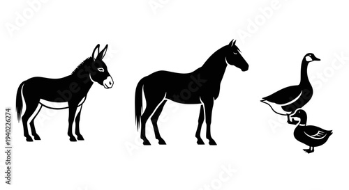 Farm Animals Silhouettes: Donkey, Horse, Goose, and Gosling Illustration Set