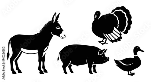 Farm Animals Silhouettes: Donkey, Turkey, Pig, and Duck Icons Set