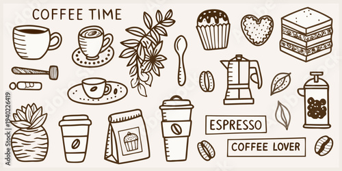 A charming collection of hand drawn coffee pastries and related elements