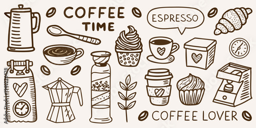 A charming collection of hand drawn coffee pastries and related items